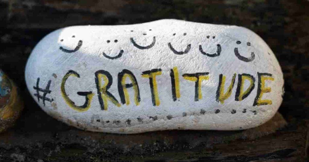 A painted stone with the word gratitude.