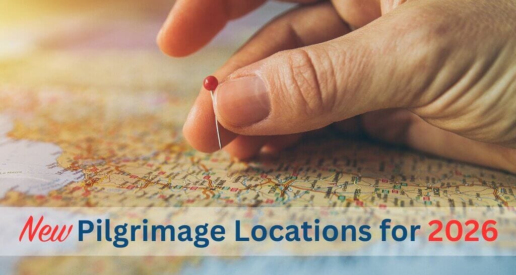 Explore New Pilgrimage Locations for 2026 with Wonder Voyage hand puts pin in a map for Wonder Voyage blog post about new pilgrimage locations for 2026