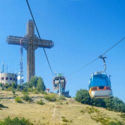 Millenium Cross on a top of the Vodno mountain hill above Skopje, Macedonia and cable cabin lift