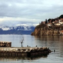 Cormorants on old pier in Ohrid