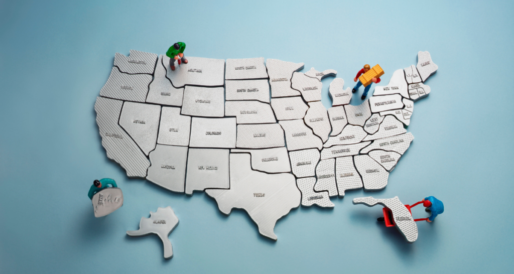 puzzle of US states with toy builders for Wonder Voyage blog about Christian pilgrimage trips in the USAabout