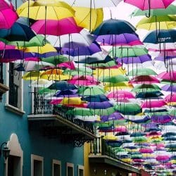 Umbrella art over the street - Puerto Rico