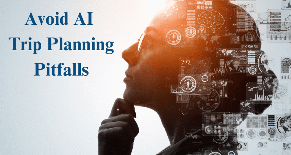 Avoid AI Trip Planning Pitfalls with Wonder Voyage woman thinking with Wonder Voyage blog post name Avoid AI Trip Planning Pitfalls